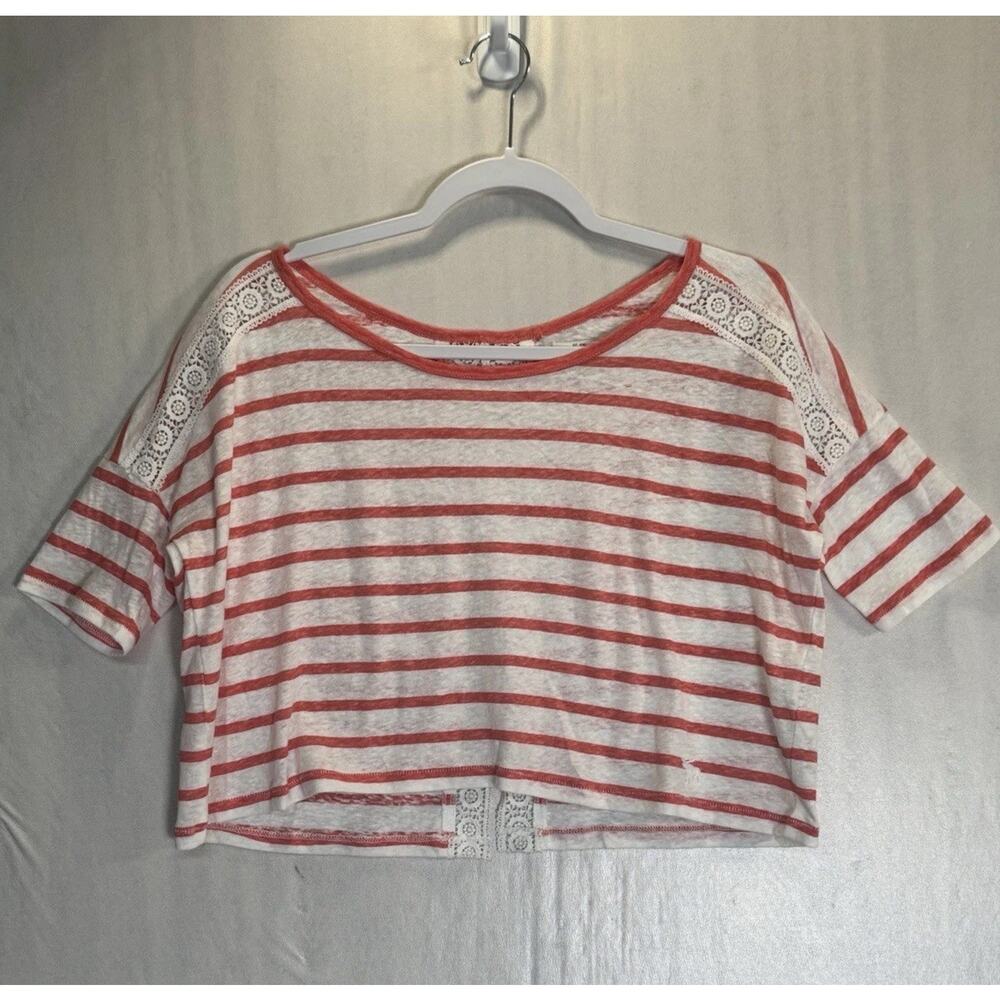 Abercrombie Coral Orange Striped Lace Crochet Trim Crop Top Kids XL/Womens XS/S